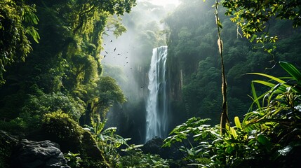 Birds Soaring Above Sun-Kissed Waterfall in Lush Green Forest with Moss-Covered Rocks