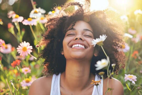 Woman Smiling in a Field of Flowers. Generative AI.