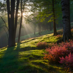 Spring forest with colorful leaves on trees and grass in the morning.