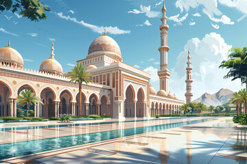 Illustration of a mosque with minarets and domes, reflecting in water, evokes a serene atmosphere suitable for Ramadan and cultural designs.