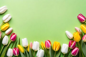 Mother's Day concept, pink yellow and white tulips on  light green background