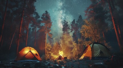 Families relish in summer camping, with vibrant tents and a warm campfire beneath the celestial stars - obrazy, fototapety, plakaty