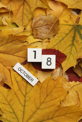 Naklejka na ściany i meble White wooden block Calendar with date October 18 on fallen autumn leaves