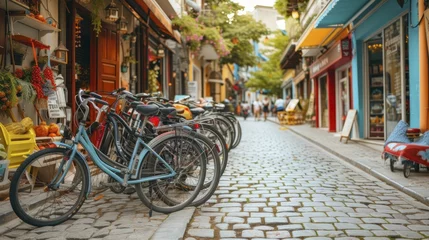 Fotobehang Summer city bike tour, vibrant streets and lively market scenes © Manyapha