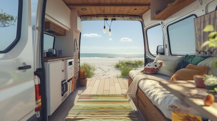 Van with open back doors, revealing a cozy interior and summer beach view