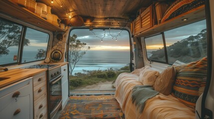 Open van doors invite the summer breeze, revealing a snug interior with a beach view