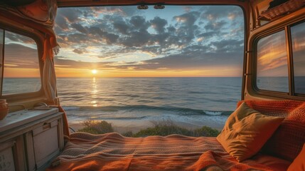 Vanlife at the beach, van doors open to a sunset over the summer sea