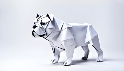 Hund Haustier Bulldogge in geometrischen Formen, wie 3D Papier in weiß wie Origami Falttechnik Symbol Wappentier Logo Vorlage Tiere Fell Schnauze - obrazy, fototapety, plakaty