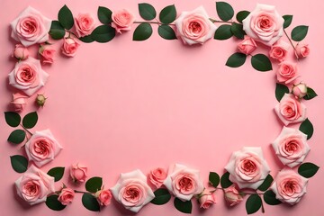 Obraz premium Banner with frame made of rose flowers and green leaves on a pink background