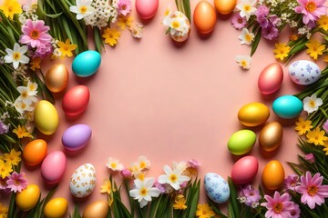 Naklejka na ściany i meble Easter background with Easter eggs and spring flowers
