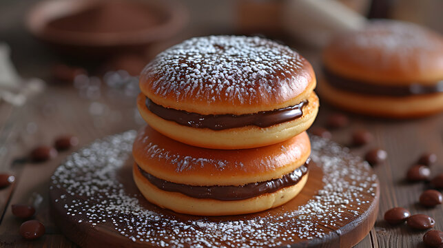 stack of dorayaki on wooden plate, food photography