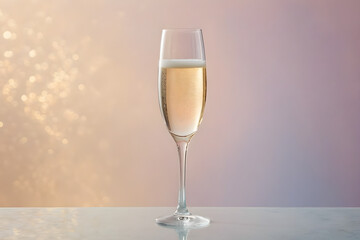 A champagne glass awaiting a celebratory toast, crystal clarity, simplistic elegance, on a soft-focused, single-color background, hues of gentle pastels. Generative AI