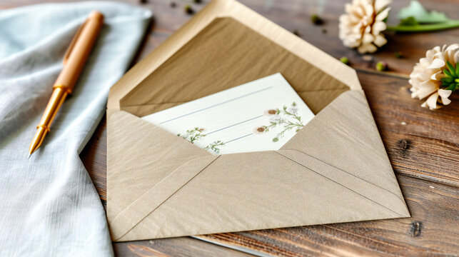 Romantic envelope and floral design, setting a rustic and vintage scene for weddings, invitations, and heartfelt messages