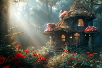 Fantastic wild house in a mysterious forest. Fairytale concept - obrazy, fototapety, plakaty