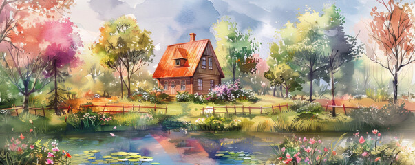 Cozy house with spring flowers and pond. Watercolor illustration. Banner - obrazy, fototapety, plakaty