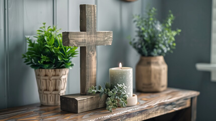 wooden cross with candle and plant decoration desk