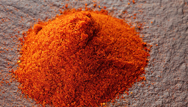 Paprika powder macro shot. Spices. Hot chili. Natural traditional condiment for spanish chorizo and foods. Indian food.