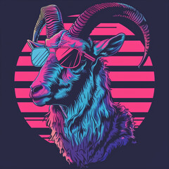 t-shirt vector, 80s retrowave mouflon, vivid, pink and blue ligh