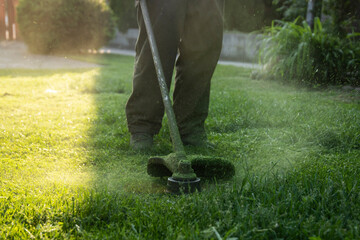 Lawn mover on green grass. Machine for cutting lawns.