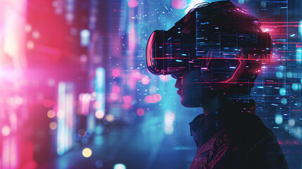 VR headset. Man wearing virtual reality goggles, Metaverse and futuristic world.