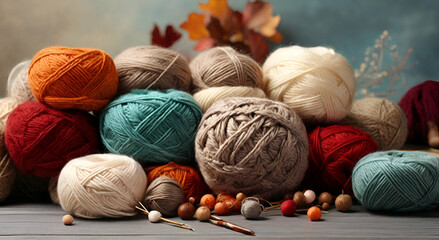Many colorful balls of wool and cotton yarn for knitting. Generative Ai