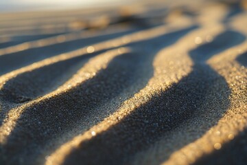 Fototapeta na wymiar : A macro shot of sand ripples with tiny grains of sand visible on the surface. The ripples have a smooth and curved shape that creates a sense of movement.