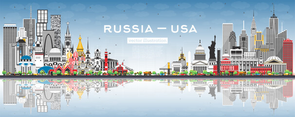 Russia and USA skyline with gray buildings and blue sky. Famous landmarks. USA and Russia concept. Diplomatic relations between countries. - obrazy, fototapety, plakaty