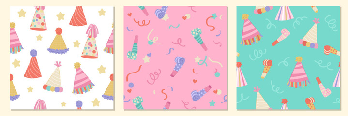 Set of birthday party hats and celebration seamless pattern