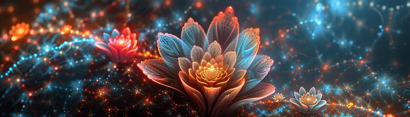 Hypnotic neon fractals unfolding like alien flora set against the dark canvas of the cosmos