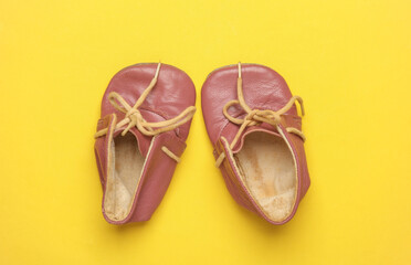 Children's leather shoes on yellow background
