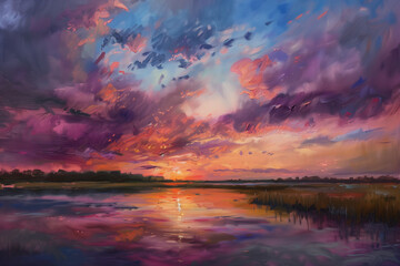 Fototapeta na wymiar Oil paint background - Sunset Skyline