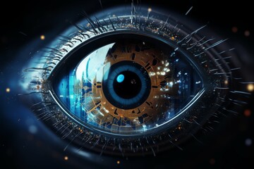Digital illustration of an eye with futuristic technology and circuit elements.