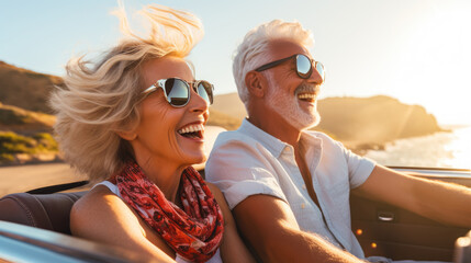 Mature couple taking a drive in their convertible on the coast