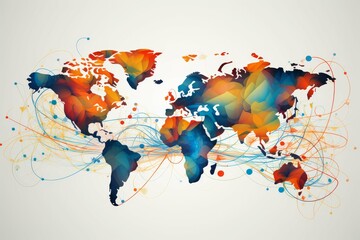 Stylized world map with colorful abstract connections representing global networks.