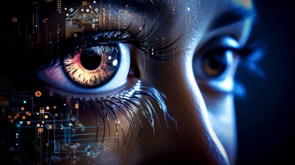 Fotobehang Digital eye, data network and cyber security technology background. Futuristic tech of virtual cyberspace and internet secure surveillance, binary code digital eye or safety scanner © Atlantist studio