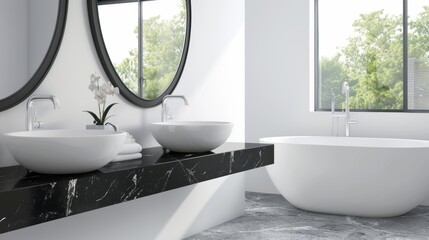 Sleek Monochrome Bathroom with Black Marble Countertop AI Generated.