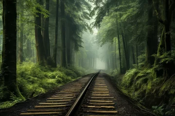  Railroad tracks leading through a foggy, mystical forest landscape. © GreenMOM