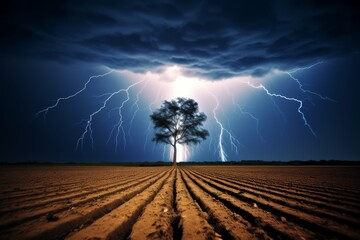 Single tree standing in a stormy desert with dramatic lightning.