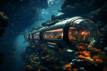 Foto op Plexiglas A submarine is navigating above a coral reef in the ocean © JackDong