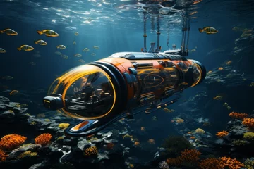 Foto op Canvas a submarine is floating on top of a coral reef in the ocean © JackDong