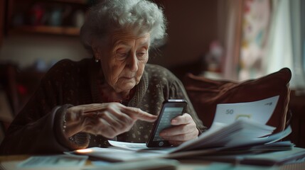 Elderly woman concentrating on financial documents, managing budget with smartphone. home setting. AI