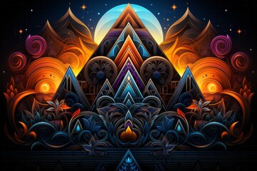 a colorful illustration of a mountain with a full moon in the background