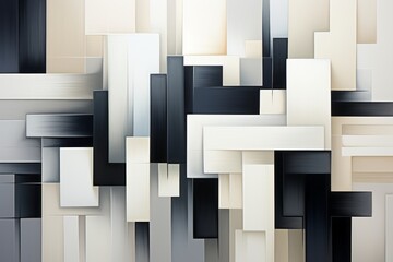 A geometric pattern in black, white, and gray rectangles on a wall