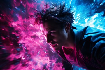 Mystical Man Amidst Pink and Blue Neon Chaos