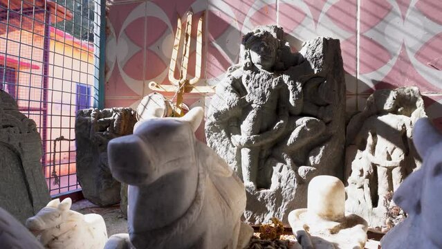 Ancient Handcrafted Shiva & Nandi Stone Sculptures, Ekeshwar Mahadev Temple, Pauri Garhwal, Uttarakhand, India