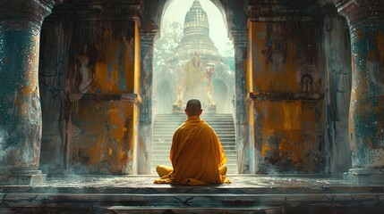 A solitary Buddhist monk clad in yellow robes sits in contemplation at the steps of an ancient, weathered temple.