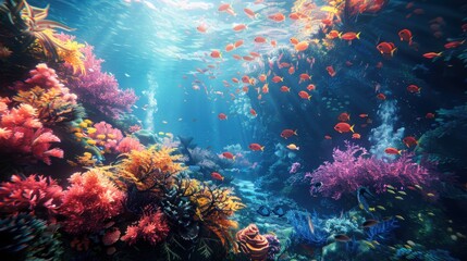 Fototapeta na wymiar A bustling underwater scene showcasing a colorful coral reef teeming with diverse marine life, illuminated by sunbeams.