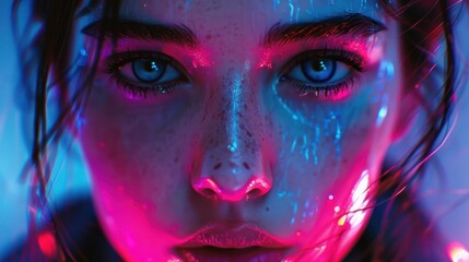 Naklejka premium A face with futuristic neon paint under cyberpunk glasses, a vision of advanced technology and urban style.
