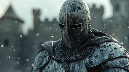 A detailed close-up of a medieval knight in armor, snowflakes gently falling around, evoking a solemn historical atmosphere.