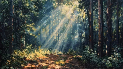 Papier Peint photo autocollant Route en forêt A magical forest bathed in sunlight, featuring a small path and vibrant foliage, evokes a sense of adventure.
